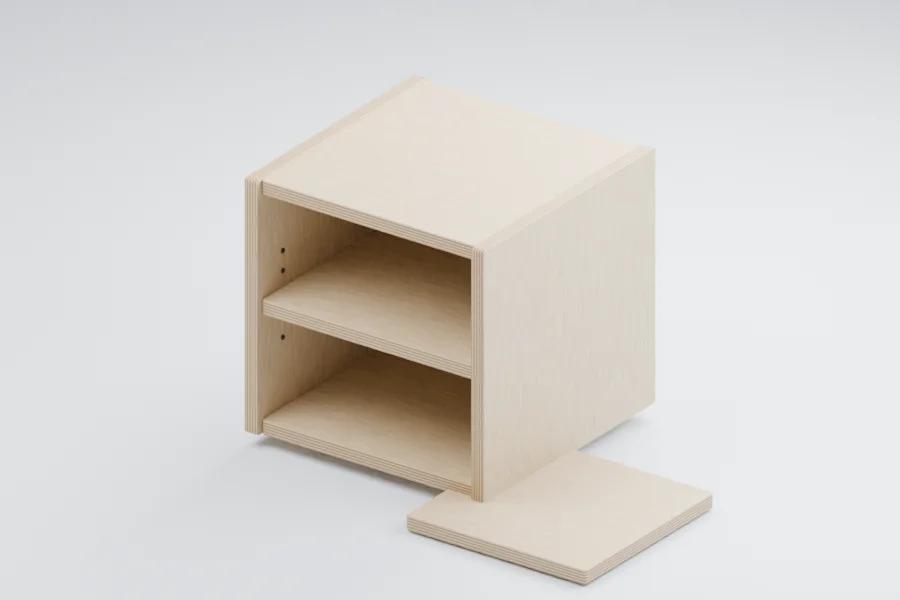 Illustrative plywood cabinet assembled from sheet parts, with a separate panel